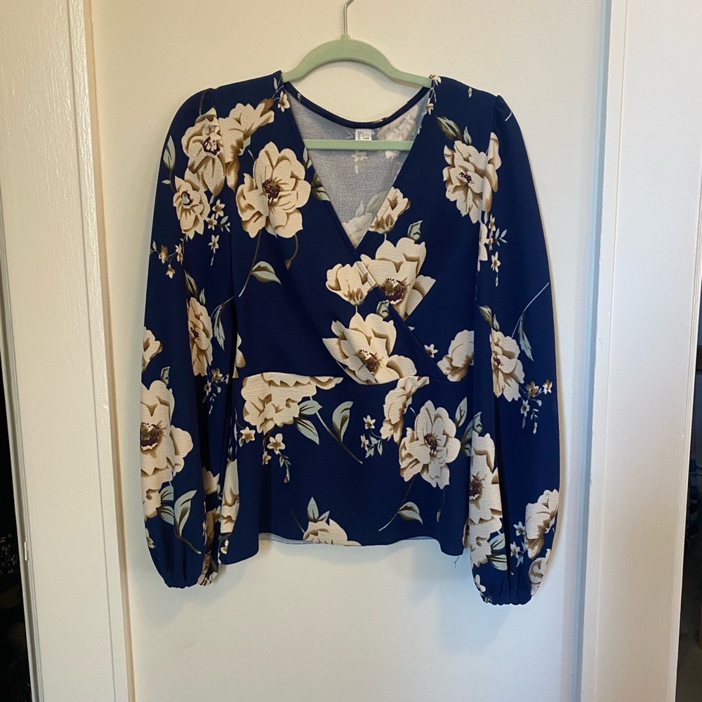 Floral V-Neck Blouse - Blue and Cream